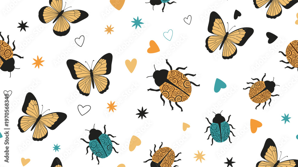 Fototapeta premium Seamless pattern with hand drawn colorful butterflies, ladybugs, hearts and stars for nursery wallpaper or textile design isolated on white.