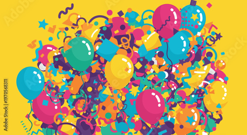 A colorful explosion of confetti and balloons on a bright yellow background, evoking a sense of joy and celebration.