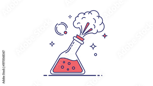 Outline illustration of a laboratory chemical flask with bubbling red liquid and smoke erupting from the top for science experiment.