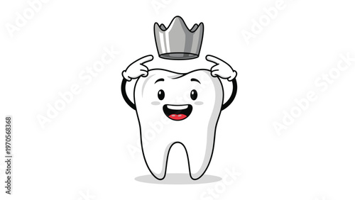 Cartoon character of a happy white healthy tooth wearing a shiny silver crown and pointing at it with a big smile on its face.