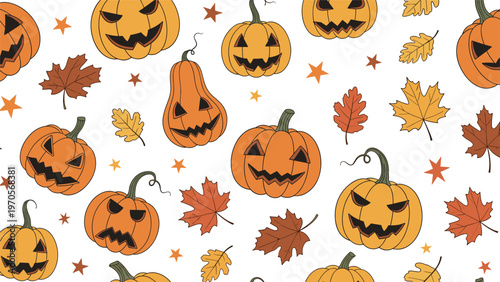 Seamless Halloween pattern with spooky carved pumpkins, autumn maple leaves and yellow stars for festive wallpaper on white background.