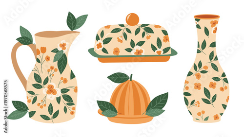 Collection of decorative kitchenware including a ceramic pitcher, butter dish, vase and juicer with colorful floral patterns.