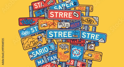 A colorful illustration of assorted street signs with graffiti on a bright yellow background, conveying a sense of urban chaos and creative expression