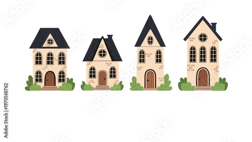 Set of four stylized European-style houses with high roofs and small windows depicted in a minimalist style.
