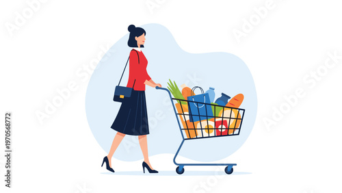 Professional woman pushing a metal shopping cart filled with various healthy groceries like bread, milk, and vegetables.