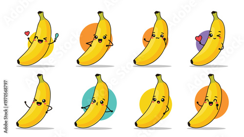 Collection of cute banana characters displaying various facial expressions and poses like happy, winking, and loving.