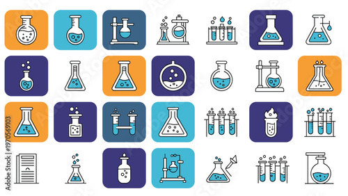 Large collection of colorful laboratory glassware icons featuring beakers and flasks on blue and orange square backgrounds.