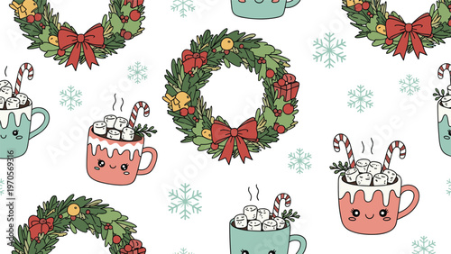 Festive seamless pattern of holiday wreaths with red bows and cute mugs of hot chocolate with marshmallows and candy canes.