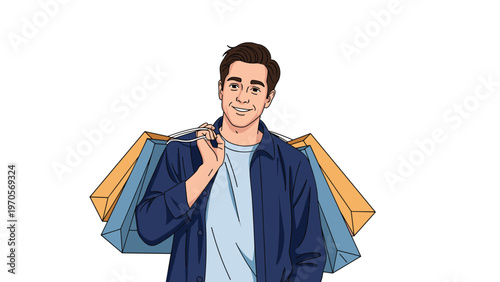 Cheerful young man wearing a blue jacket and carrying several shopping bags over his shoulders on a white background.