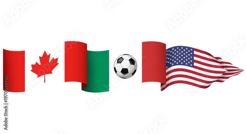 Flags of Canada, Mexico, and USA wave with a footballl in a international sports event