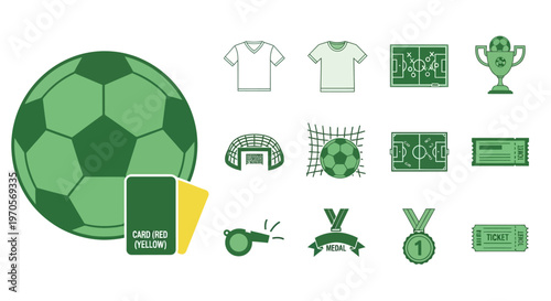 Football players compete in a stadium with various sports equipment and awards