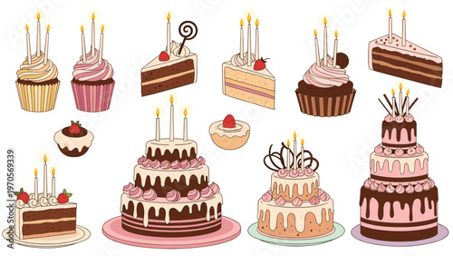 Large collection of various delicious cakes cupcakes and cake slices with candles and decorations on a white background.
