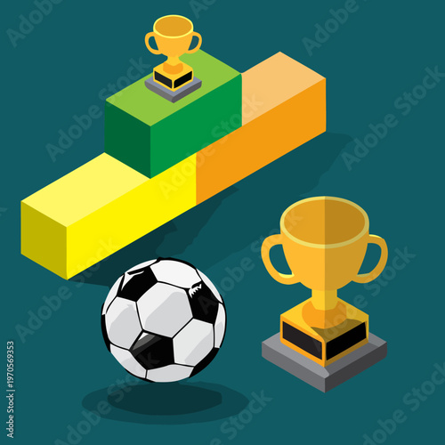 A football player celebrates with a trophy and ball on a colorful podium ranking in a stadium