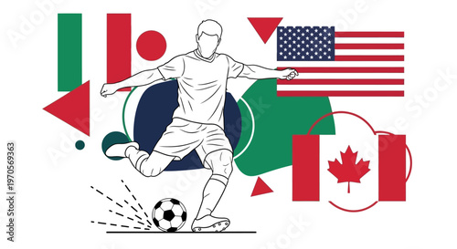 A soccer player kicks a ball amidst flags of USA, Canada, and others in a lively graphic illustration.