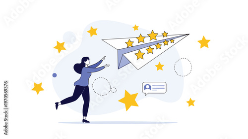 Young woman reaching out to a paper airplane decorated with yellow stars representing feedback and customer satisfaction.