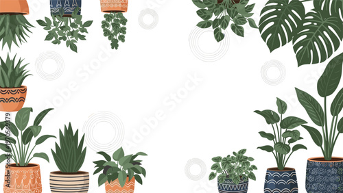 Decorative border frame featuring various green houseplants in stylish pots and hanging planters on a white background.