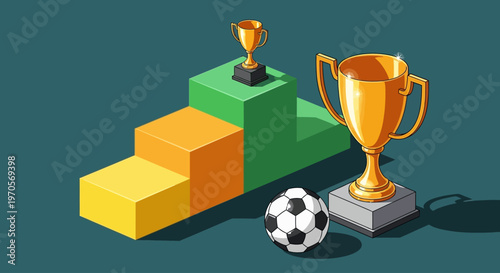 A football trophy and ball sit beside a colorful podium with a cup on top for Sports.