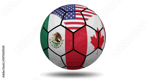 A soccer ball featuring flags of Mexico, USA, and Canada flies through air