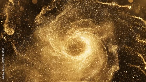 Abstract swirling golden particles and bokeh lights create a dynamic and magical festive background