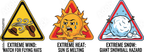 Set of Engaging cartoon illustrations offer humorous warnings for extreme weather events, promoting climate awareness through a playful visual set.