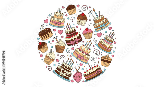Assorted hand drawn cakes and cupcakes arranged in a circular pattern with hearts and swirls on white background for celebration.