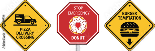 Set of of food warning signs pizza delivery, donut temptation, and burger alerts. Modern dietary concepts conveyed.
