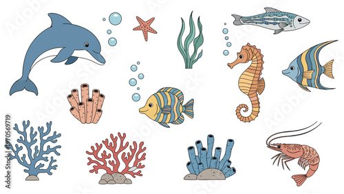 Collection of colorful sea creatures including a dolphin seahorse tropical fish corals and a shrimp on a clean white background.