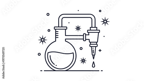 Laboratory glass flask connected to a dropper with sparkling stars and circular accents in a minimalist line art style.