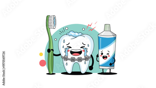 Cute cartoon molar tooth with braces crying next to a worried green toothbrush and a tube of blue toothpaste for dental care.