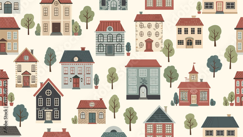 Seamless pattern featuring a variety of colorful cartoon houses and green trees in a charming suburban neighborhood.