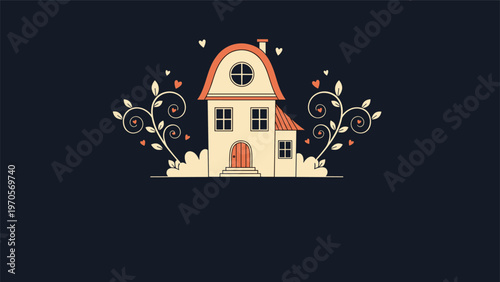 Cozy two story house flanked by decorative swirling branches with tiny hearts against a dark blue nighttime background.