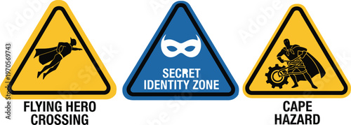 Set of warning signs depicting playful hero-themed hazards and a secret identity zone, perfect for a comic-inspired world