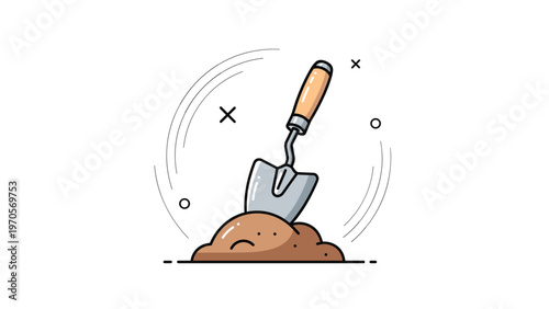 Garden trowel shovel stuck in a pile of soil with motion lines and decorative accents in a colorful line art style.