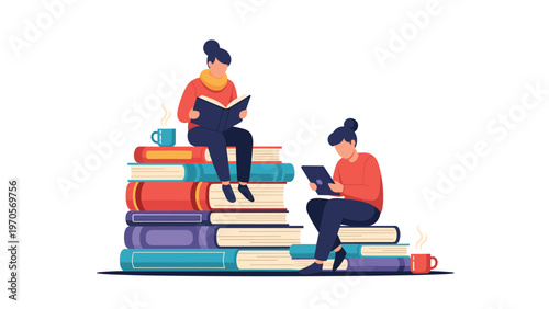 Two young women sitting on giant stacks of books while reading and using a tablet with coffee cups nearby for a long study session.
