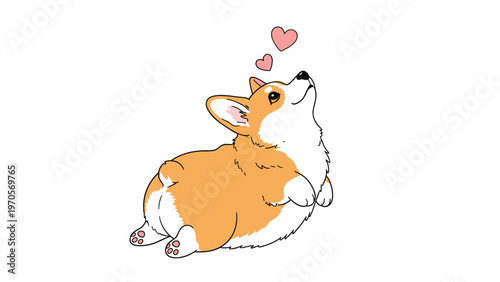 Adorable corgi dog sitting and looking up at two floating pink hearts in a simple hand drawn illustration style.