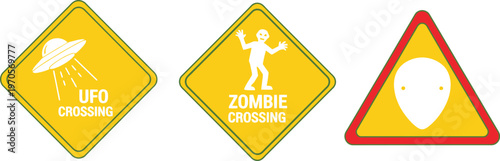 Set of Humorous graphic signs directly portray fictional crossings for unidentified flying objects, zombies, and an alien presence.