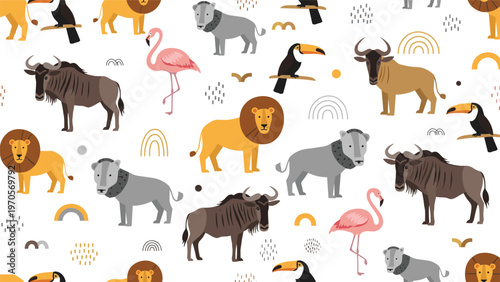 Seamless pattern featuring safari animals including lions wildebeests flamingos and toucans with rainbows on white.