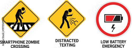 Set of warnings on smartphone use distraction impacting pedestrian safety, and a vital low battery emergency icon.