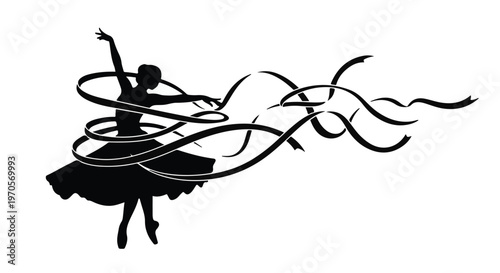 Elegant silhouette of a ballet dancer gracefully performing with flowing ribbons.