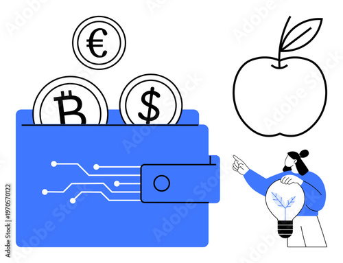 Cryptocurrency, fintech, blockchain, global payments, finance, innovation. A digital wallet with euro, dollar and bitcoin coins lightbulb and apple. Cryptocurrency and fintech concept