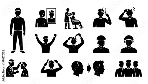 Hair Treatment Process Icon Set – Hair Loss, Diagnosis, Transplant and Recovery Silhouette Collection