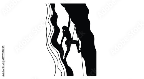 Silhouette of a determined person climbing a steep rock face with ropes.