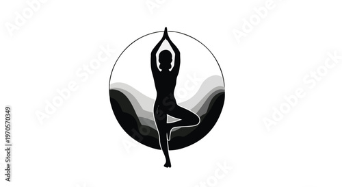 A silhouette of a person performing a yoga tree pose within a circular graphic.