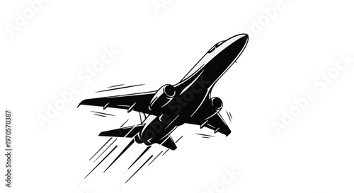 A jet airplane is shown in a dynamic, upward flight against a white backdrop.