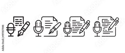 Professional outline icons for podcasting, content creation, and writing. Featuring microphones, documents, and pens.