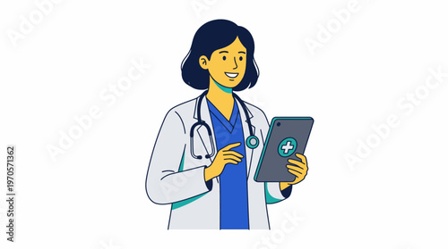 Professional female doctor character holding digital for healthcare medical services