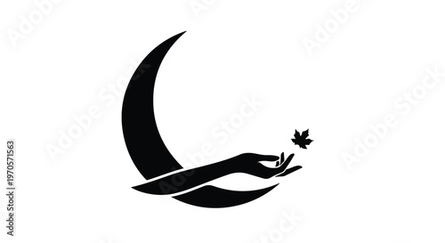 A human hand gently holds a small maple leaf within a crescent moon silhouette against a white backdrop.