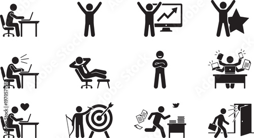 Professional worker productivity and office life icons set.