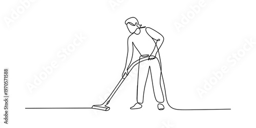 A single continuous line drawing of a person cleaning the floor with a household vacuum cleaner Vector, illustration