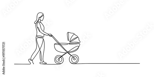 A single continuous line drawing of a mother happily pushing a baby stroller on a white background Vector, illustration